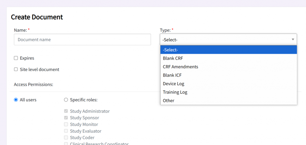 Picture of the Create Document page