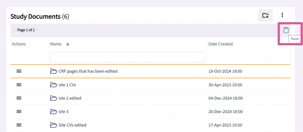 Picture of the Study Docs screen which allows you to Paste a Document or Folder.