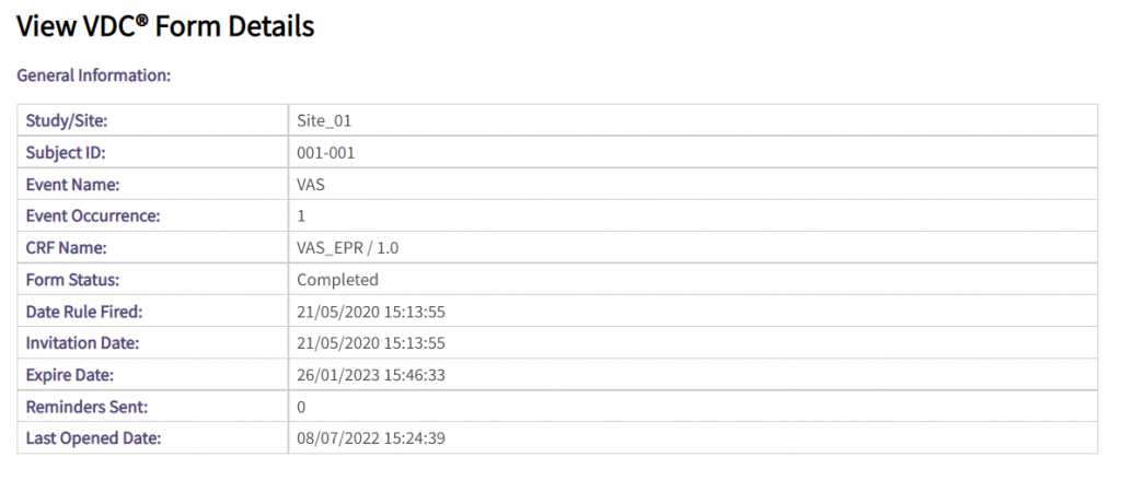 View Form Details for VDC